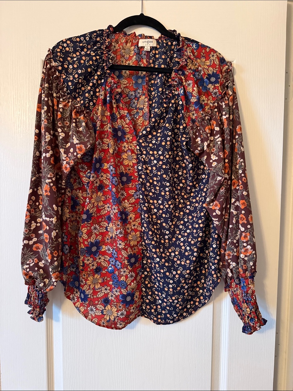 27. Umgee Floral Patchwork Peasant Blouse - Red, Navy & Brown Large